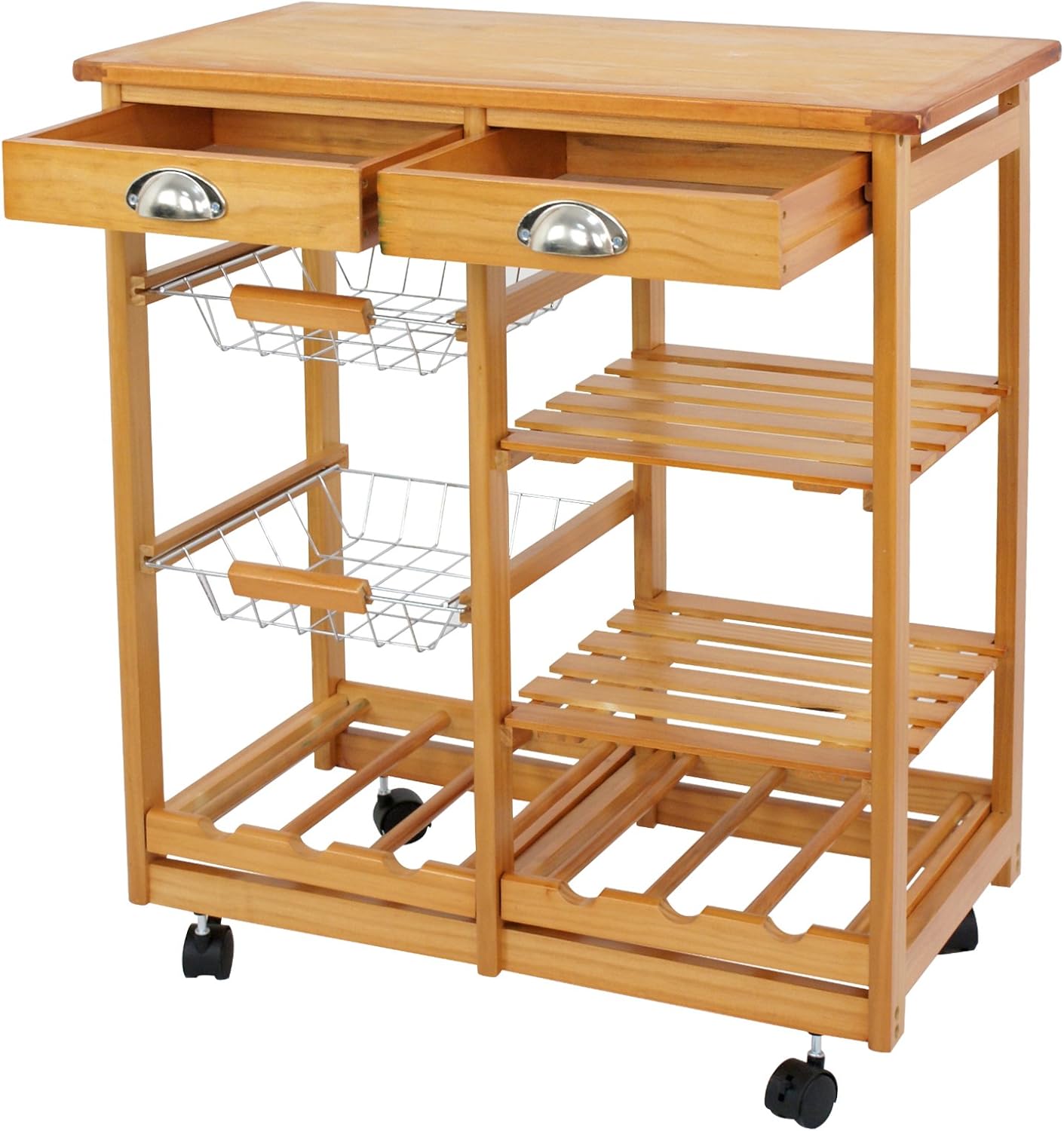 4-Shelf Kitchen Island Cart with Drawers Basket and Wheels - Wooden Storage Trolley Organizer