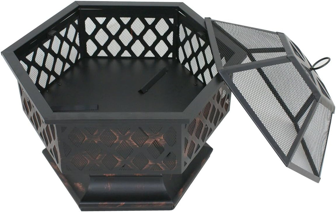 24&quot; Hex Shaped Outdoor Wood Burning Steel Firepit Bowl w/Fire Pit Screen