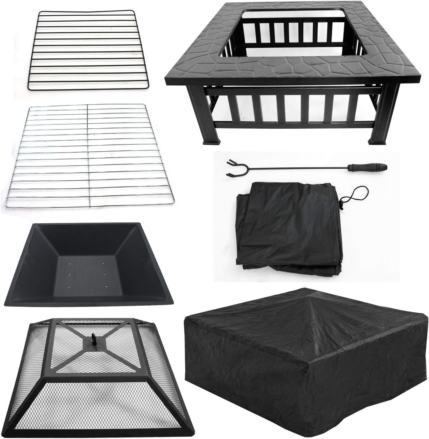 32in Outdoor Wood Burning Square Metal Firepit Table with Grill,Screen and Poker