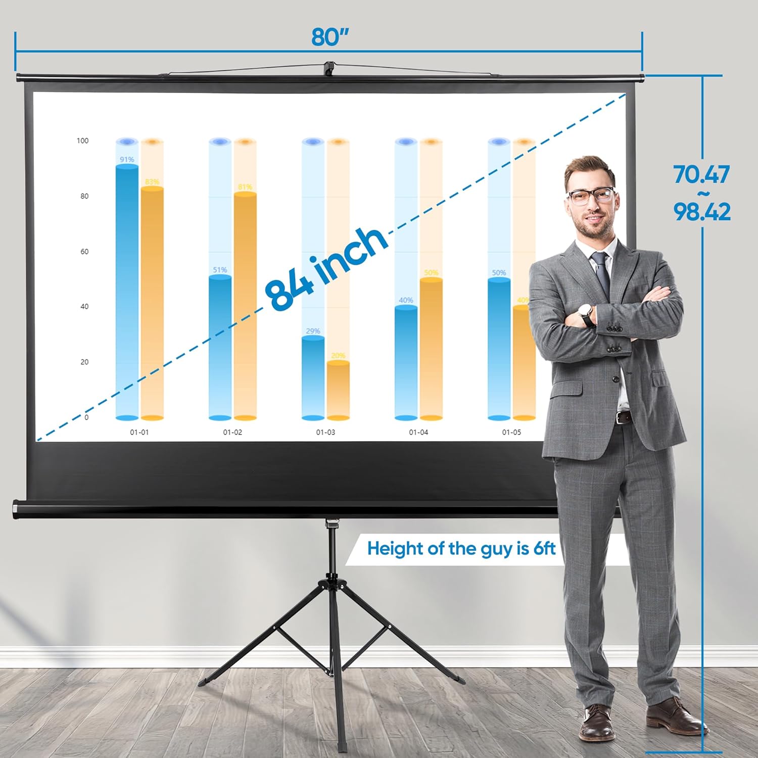 84 inch 16:9 HD Portable Projector Screen with Tripod Stand