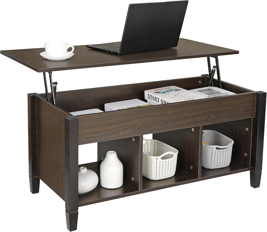 Lift Top Coffee Table with Hidden Compartment and 3 Divided Shelves