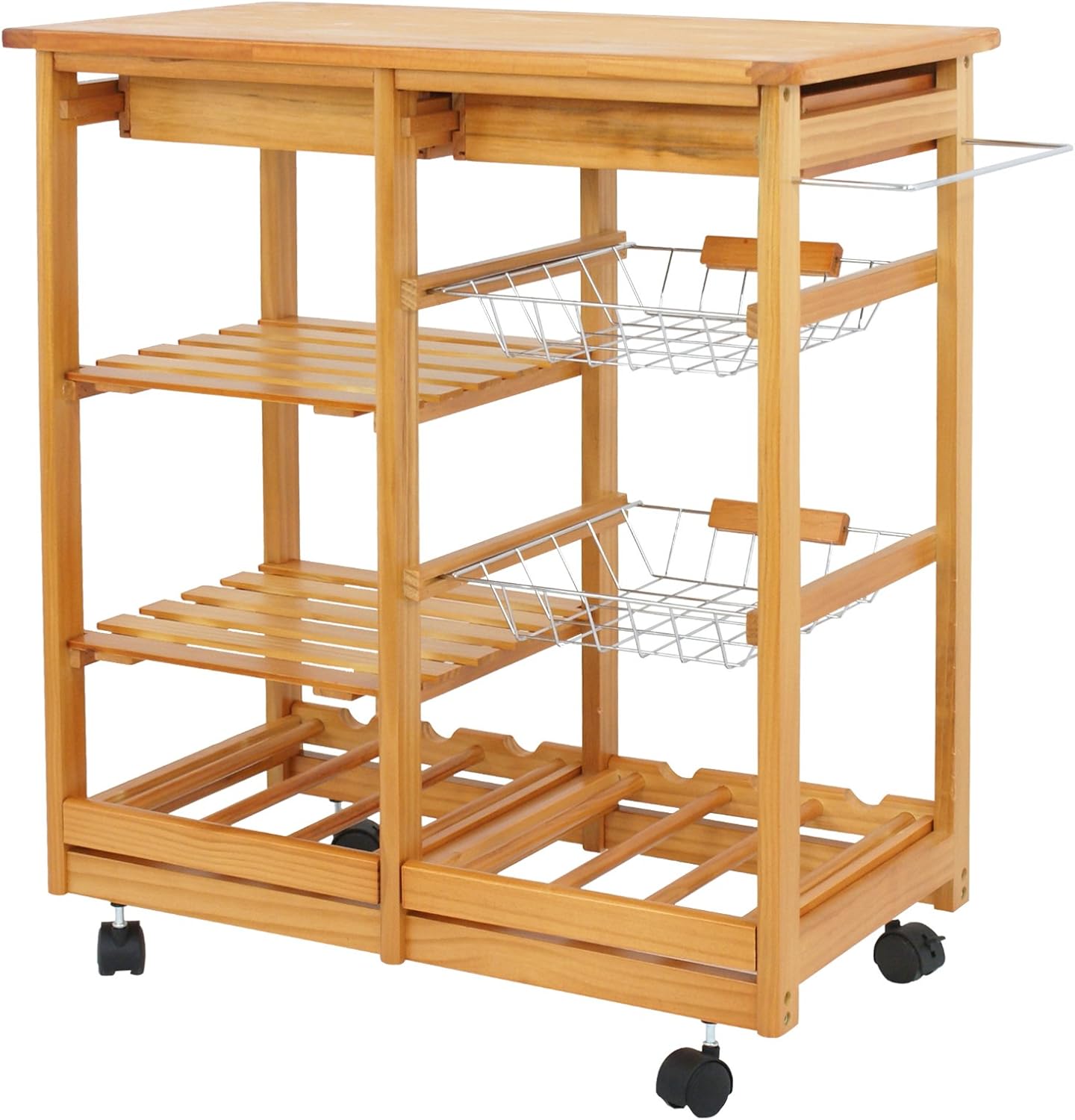 4-Shelf Kitchen Island Cart with Drawers Basket and Wheels - Wooden Storage Trolley Organizer