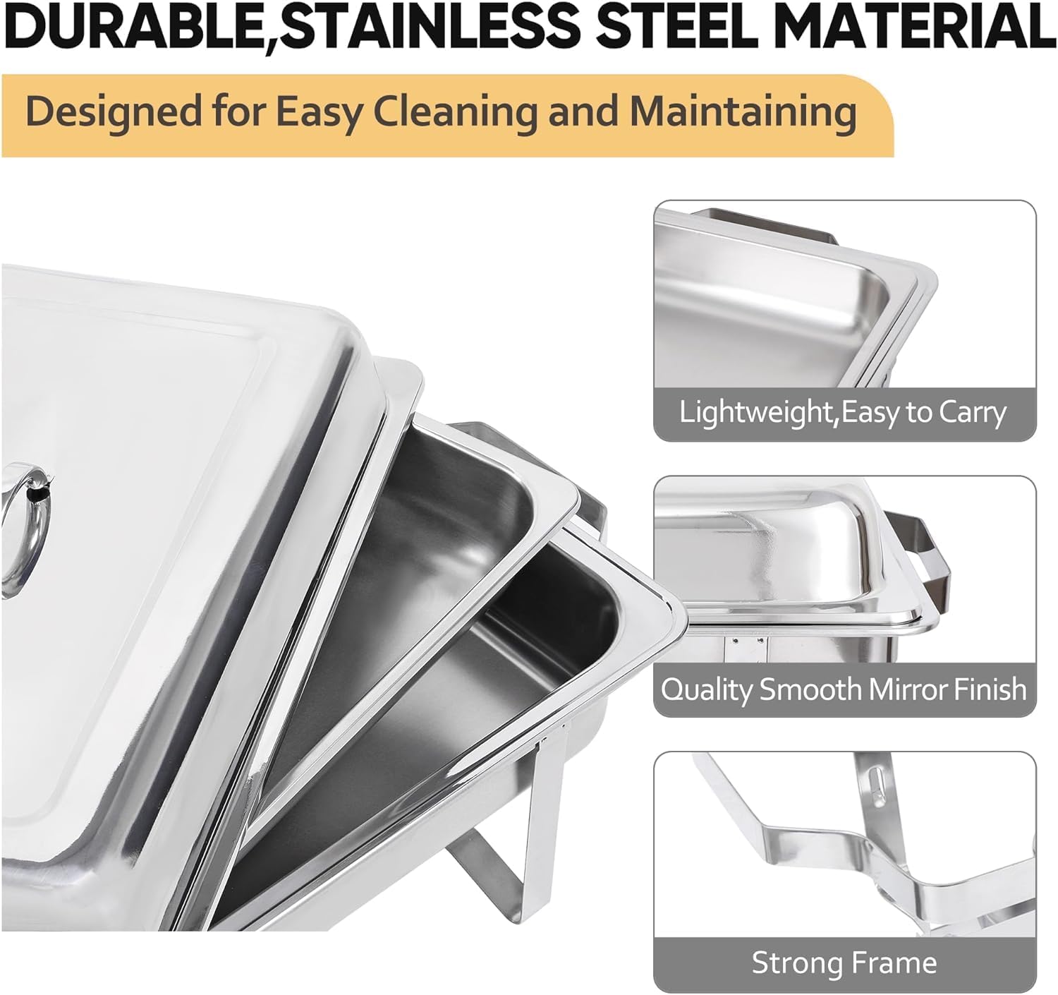 4 Pack 8 Quart Stainless Steel Chafing Dish Set with Water Pan and Fuel Holder