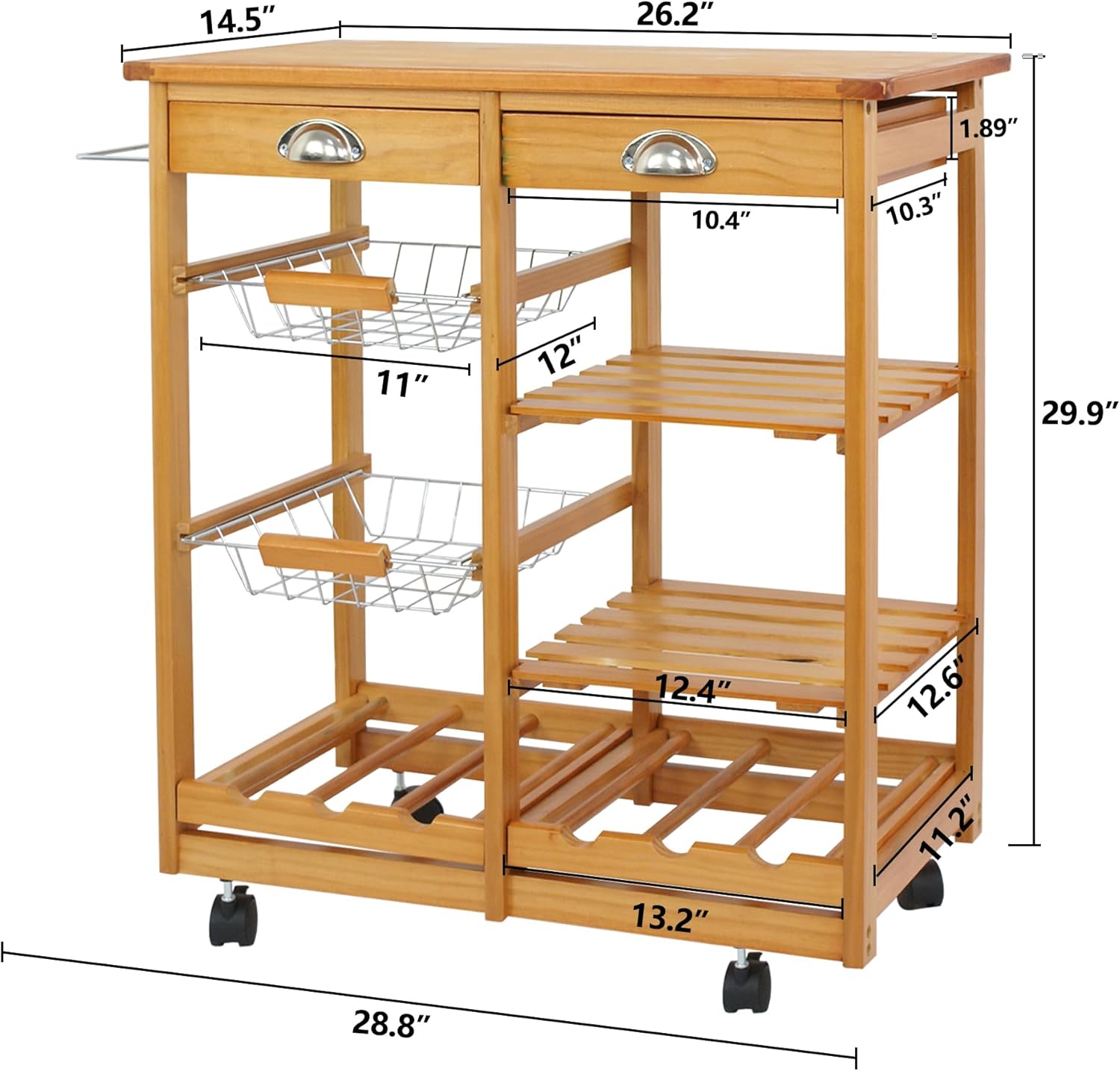 4-Shelf Kitchen Island Cart with Drawers Basket and Wheels - Wooden Storage Trolley Organizer