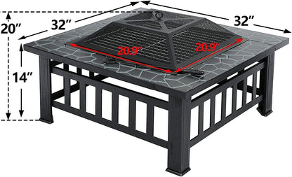 32in Outdoor Wood Burning Square Metal Firepit Table with Grill,Screen and Poker