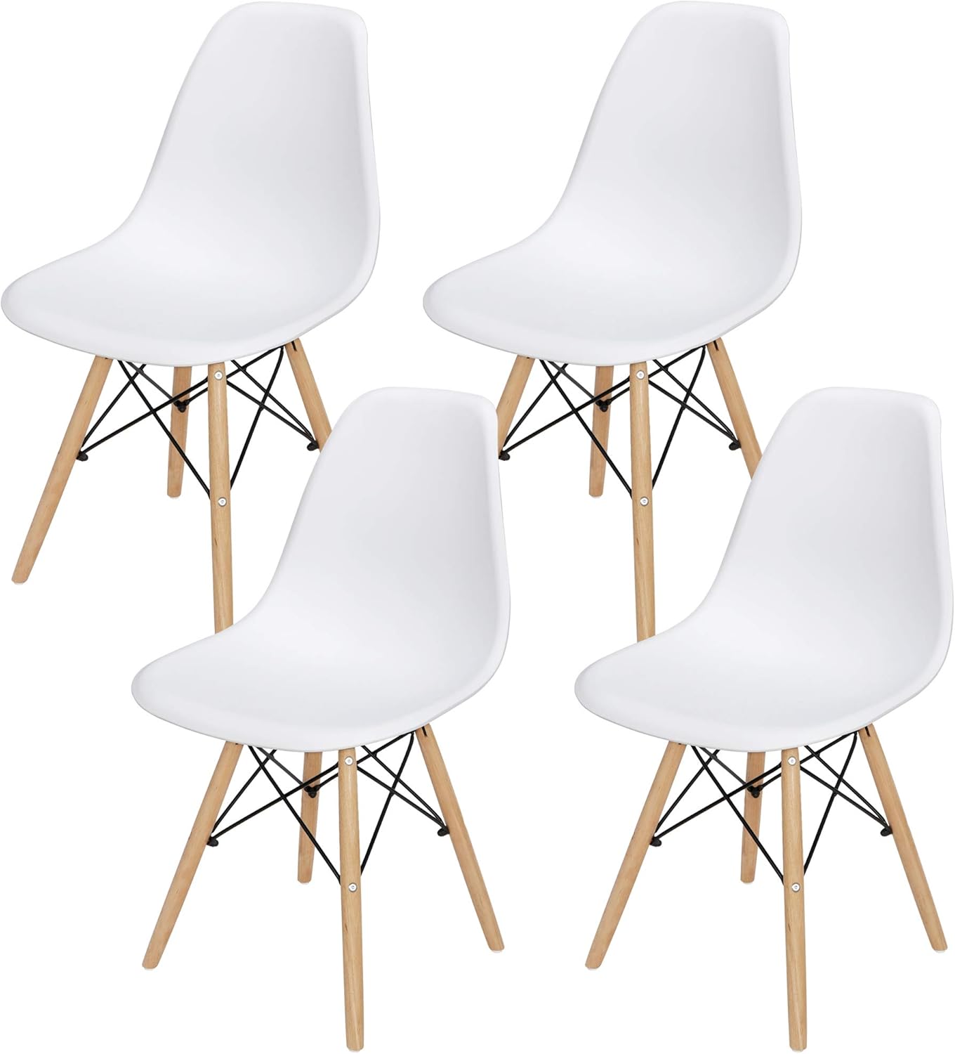 Set of 4 Modern Plastic Shell Dining Chairs with Wooden Legs for Kitchen or Living Room