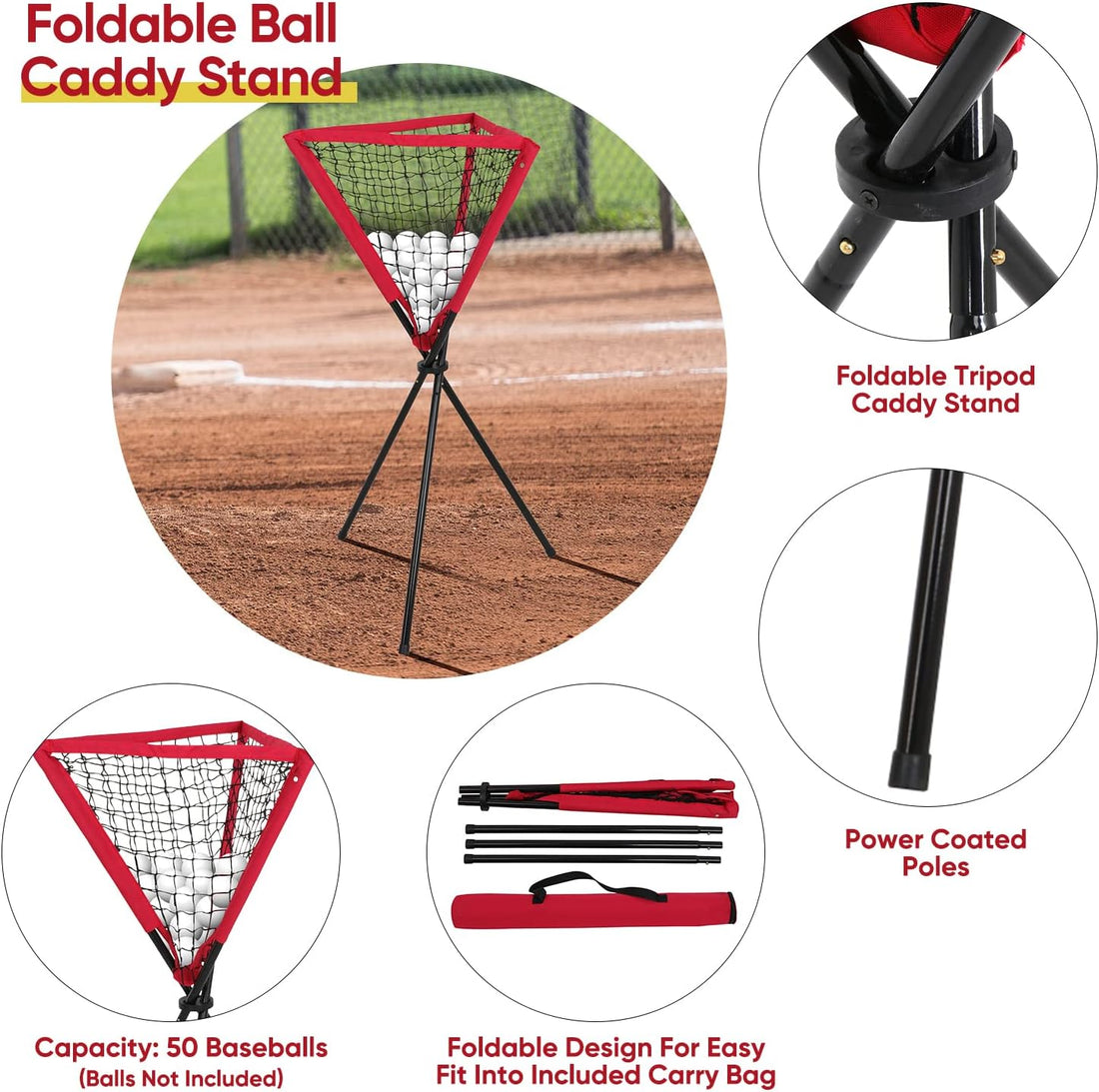 Baseball Softball Ball Caddy Stand for Batting Pitching Practice Training Baseball Holders w/Carry Bag