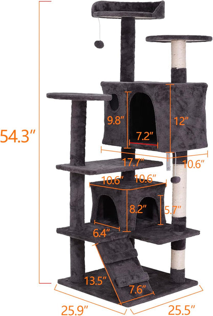 Cat Tree with Sisal-Covered Scratching Posts and 2 Plush Rooms