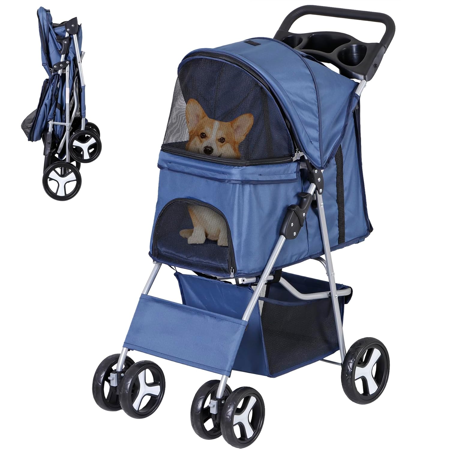 Foldable Cat/Dog Stroller with 4 Wheel with Storage Basket &amp; Cup Holder