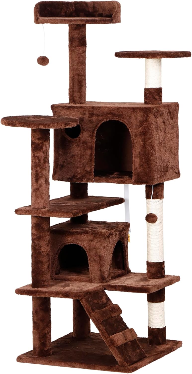 Cat Tree with Sisal-Covered Scratching Posts and 2 Plush Rooms