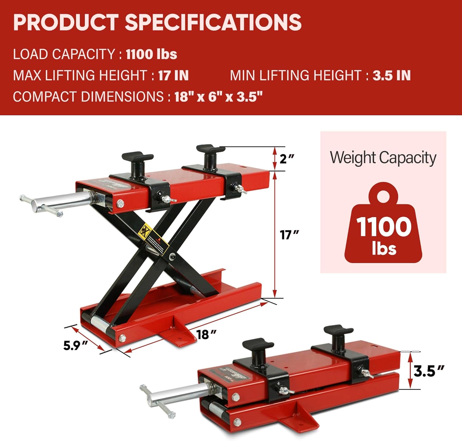 1100 LBS Capacity Steel Motorcycle Center Scissor Lift Jack with Saddle &amp; Safety Pin