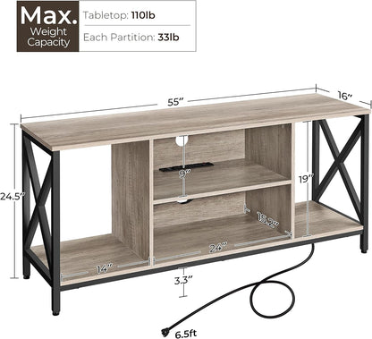 TV Stand for 65 Inch TV, Industrial Entertainment Center TV Console with Power Outlets, Modern TV Cabinet with Open Storage Shelves for Living Room, Gray