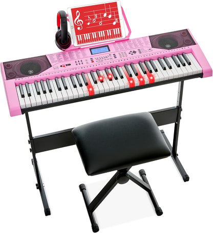 61-Key Beginners Complete Electronic Keyboard Piano Set W/Lighted Keys, LCD Screen, Headphones, Stand, Bench, Teaching Modes, Note Stickers, Built-In Speakers - Black