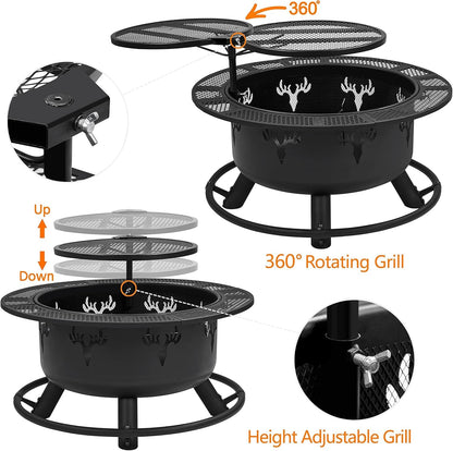 32In Fire Pit Outdoor Wood Burning Firepits Outdoor Fireplace with 18.5 Inch Swivel Cooking Grill Grate &amp; Poker Fire Bowl for Camping, Backyard, BBQ, Garden, Bonfire