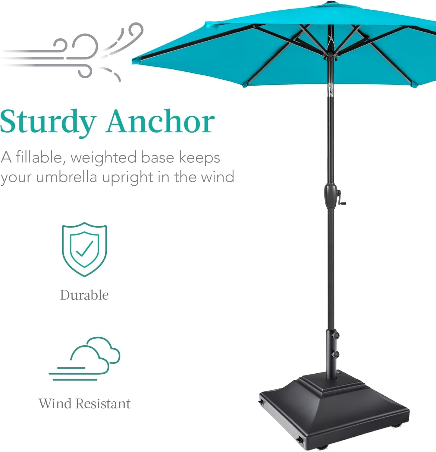 Fillable Mobile Umbrella Base, Heavy Duty Base, Square Tiered Market Stand for Patio, Deck, Outdoor W/ 4 Wheels, 2 Locks, 2 Knobs, 120Lb Capacity - Black