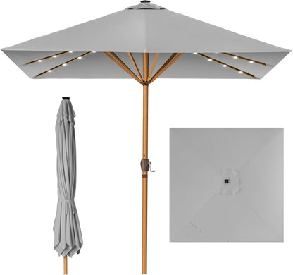 9Ft Deep Square Solar Powered LED Lighted Patio Umbrella W/Faux Wood Texture, Uv-Resistant Fabric, Hand Crank