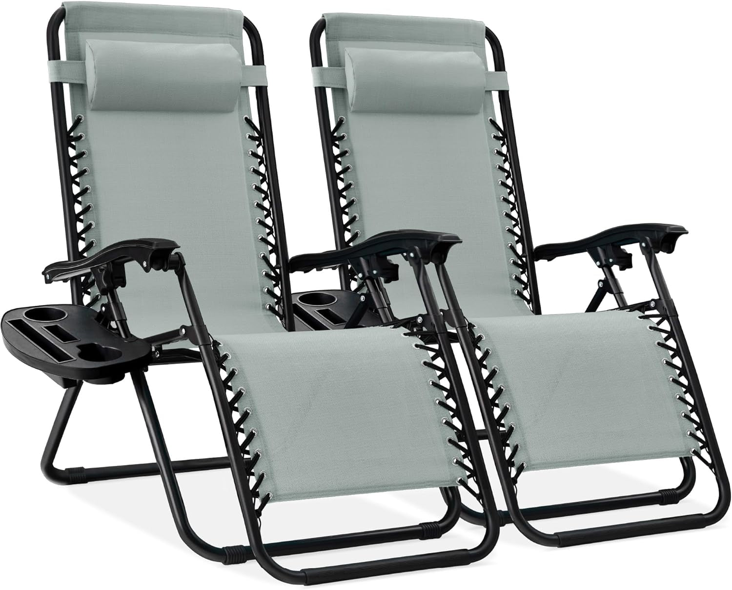 Set of 2 Adjustable Steel Mesh Zero Gravity Lounge Chair Recliners W/Pillows and Cup Holder Trays - Black