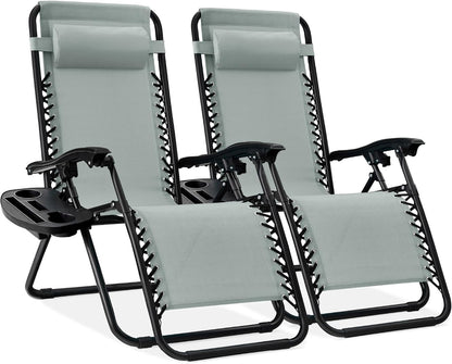 Set of 2 Adjustable Steel Mesh Zero Gravity Lounge Chair Recliners W/Pillows and Cup Holder Trays - Black