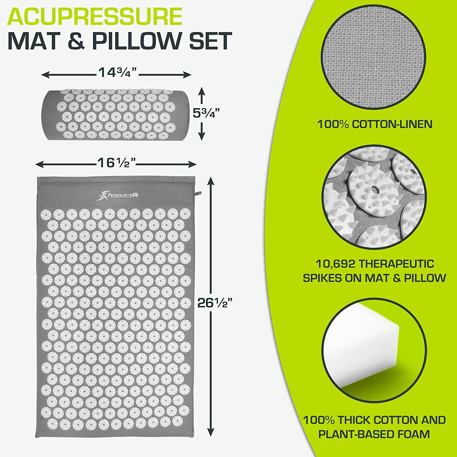 Acupressure Mat and Pillow Set for Back/Neck Pain Relief and Muscle Relaxation, Large - Gray/Gray