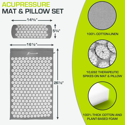 Acupressure Mat and Pillow Set for Back/Neck Pain Relief and Muscle Relaxation, Large - Gray/Gray