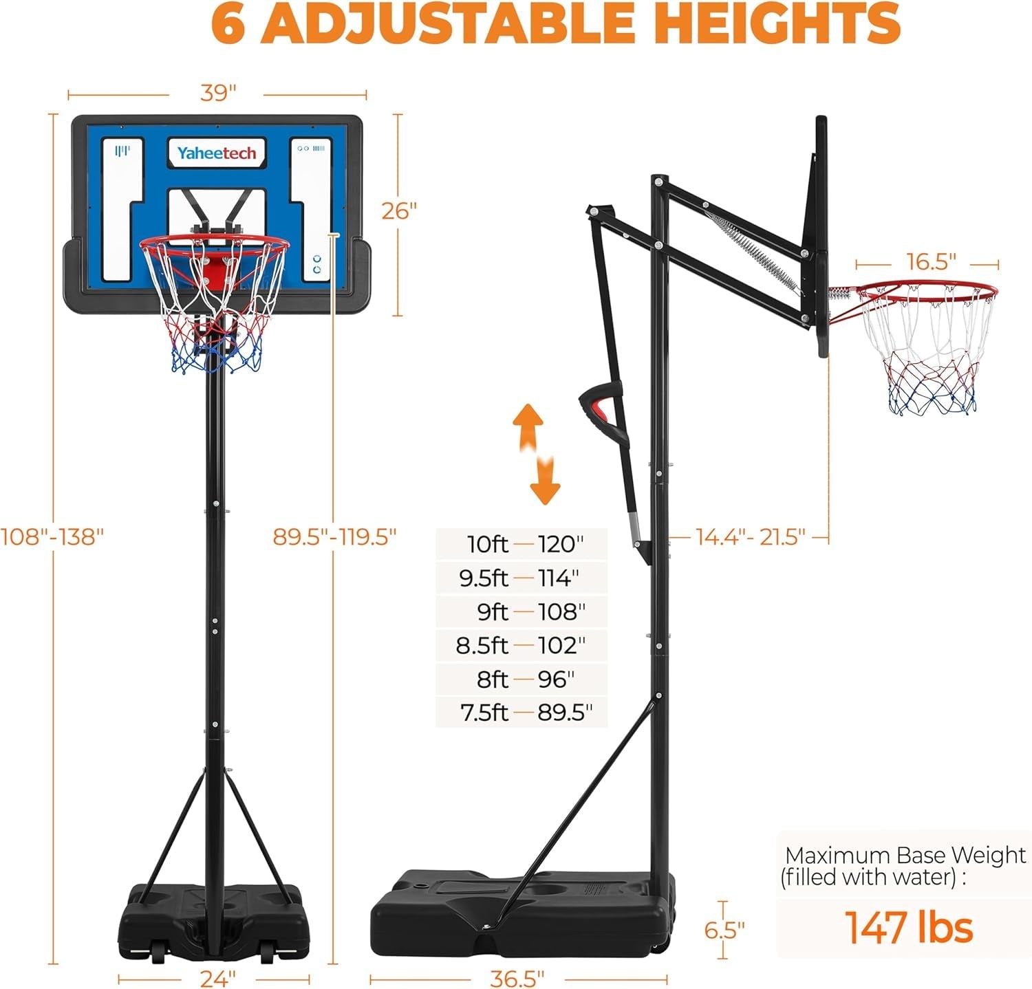 Portable Basketball Hoop Basketball Hoop Outdoor 9-11.5Ft Height Adjustable Basketball Goal Basketball Court for Adults with 39&