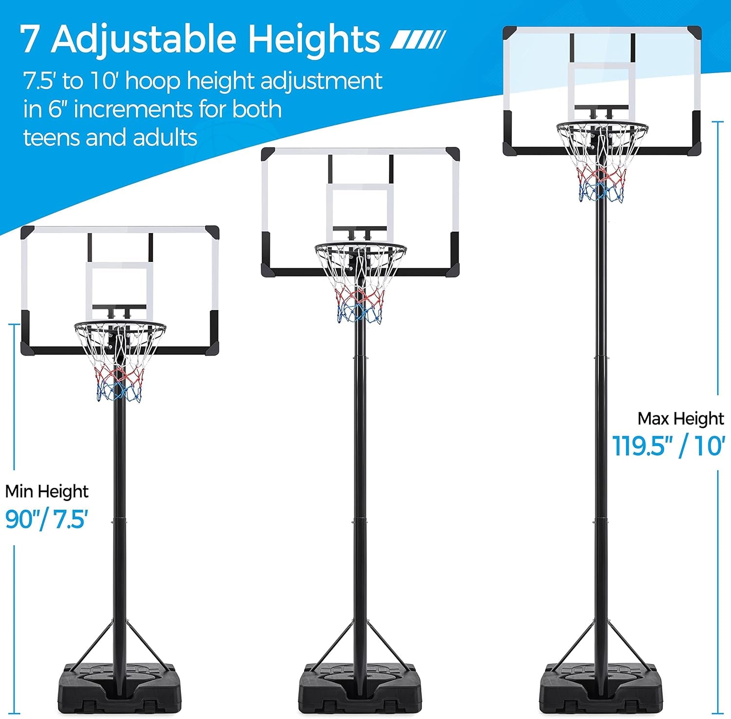 Basketball Hoop Outdoor Basketball Goal 9.5-12Ft Height Adjustable Portable Basketball Hoop Basketball Court for Adult 44 Inch Basketball Backboard