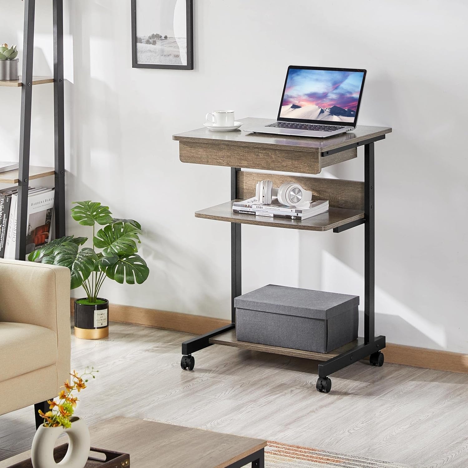 Small Rolling Computer Desk with Storage Drawer, Rolling Home Office Computer Desk with Keyboard Tray, Laptop Desk with Wheels and Drawer, Taupe Wood