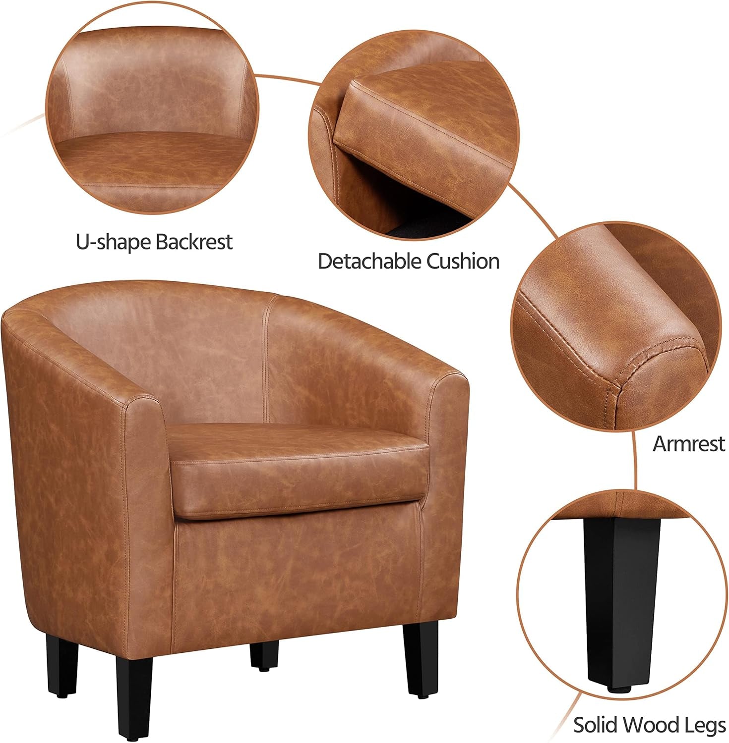 Accent Chair with Ottoman Footstool, PU Leather Modern Upholstered Soft Barrel Chair, Comfy Club Armchair and Footrest Set for Living Room/Bedroom/Reading Room/Guestroom, Brown