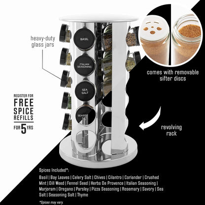 20 Jar Revolving Countertop Spice Rack with Spices Included, FREE Spice Refills for 5 Years, Polished Stainless Steel with Black Caps, 30020