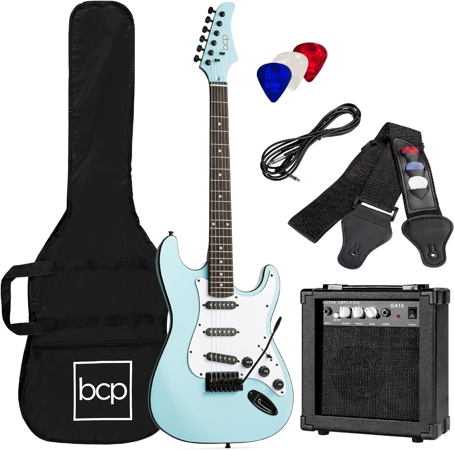 39In Full Size Beginner Electric Guitar Starter Kit W/Case, Strap, 10W Amp, Strings, Pick, Tremolo Bar - Jet Black