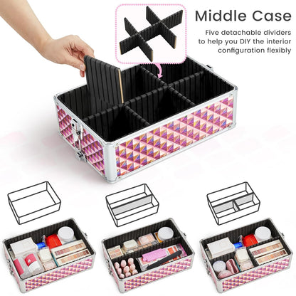 Rolling Makeup Train Case 3 in 1 Cosmetic Case Large Capacity Organizer with Swivel Wheels Key Cosmetic Trolley for Nail Tech Makeup - Pink