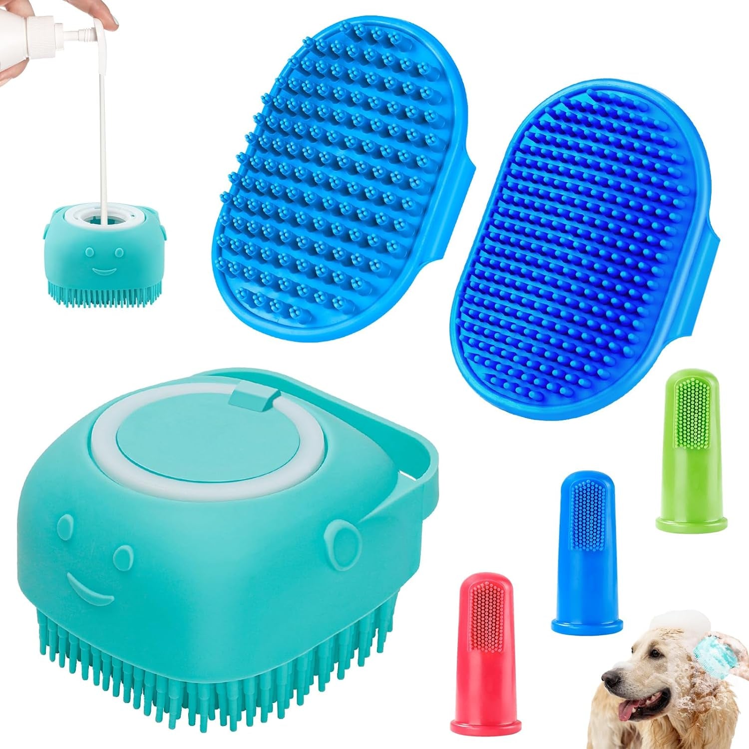 3PCS Dog Bath Brush | Dog Shampoo Brush | Dog Scrubber for Bath | Dog Bath Brush Scrubber | Dog Shower/Washing Brush with Adjustable Ring Handle for Short &amp; Long Hair (Blue Blue Blue)