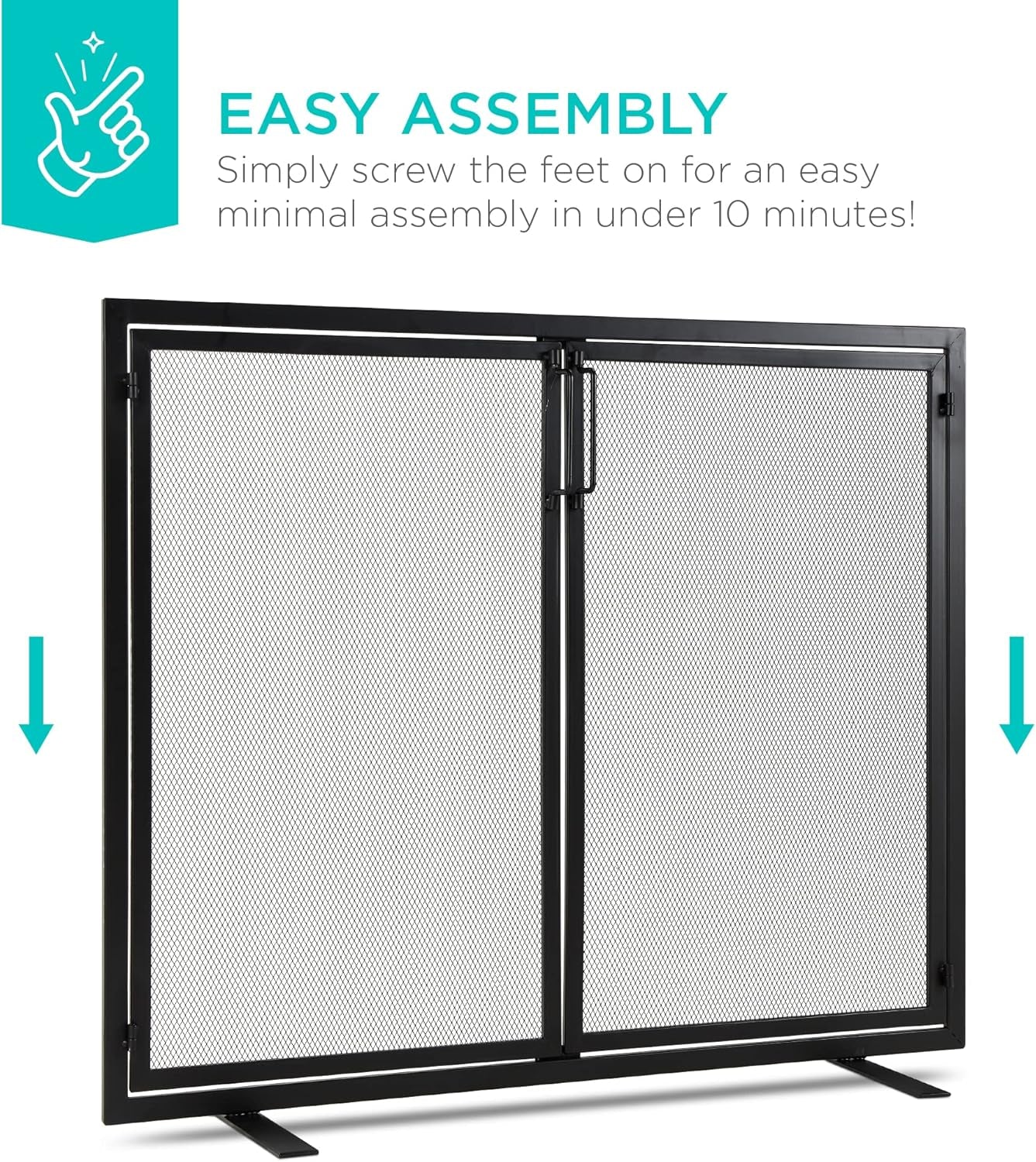 38.5X31In 2-Door Fireplace Screen, Handcrafted Wrought Iron Decorative Mesh Geometric Fire Spark Guard W/Magnetic Panels - Black