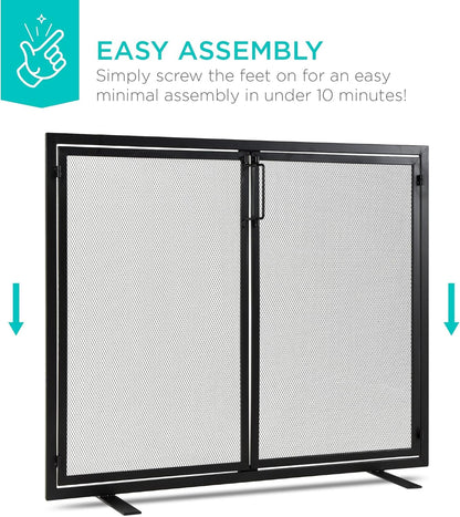 38.5X31In 2-Door Fireplace Screen, Handcrafted Wrought Iron Decorative Mesh Geometric Fire Spark Guard W/Magnetic Panels - Black