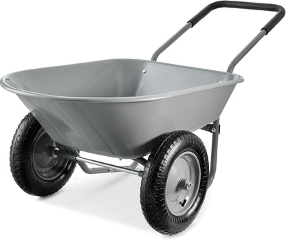 Dual-Wheel Home Utility Yard Wheelbarrow Garden Cart W/Built-In Stand for Lawn, Gardening, Construction - Green