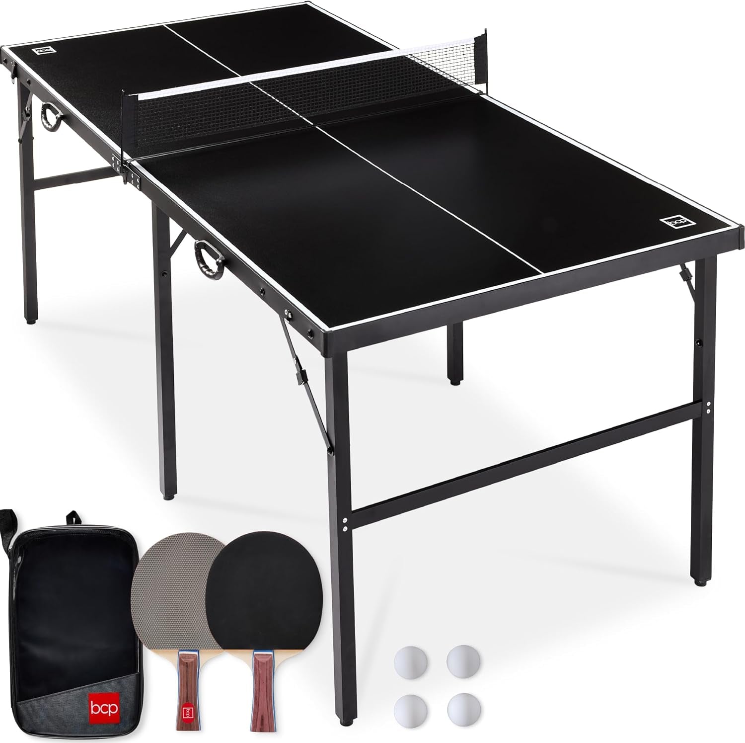 6X3Ft Portable Ping Pong Table, Mid-Size Folding Indoor Outdoor Table Tennis W/ 2 Paddles, 4 Balls Included, Carrying Bag