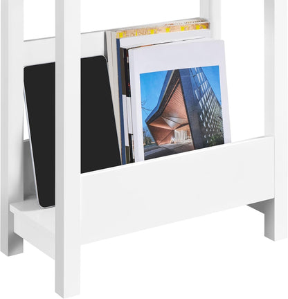 Small Side Table with Storage Shelf, 3-Tier Slim End Table with Magazine Rack, X Shaped Magazine Table for Living Room Home Office Balcony Small Spaces, Effortless Assembly, White