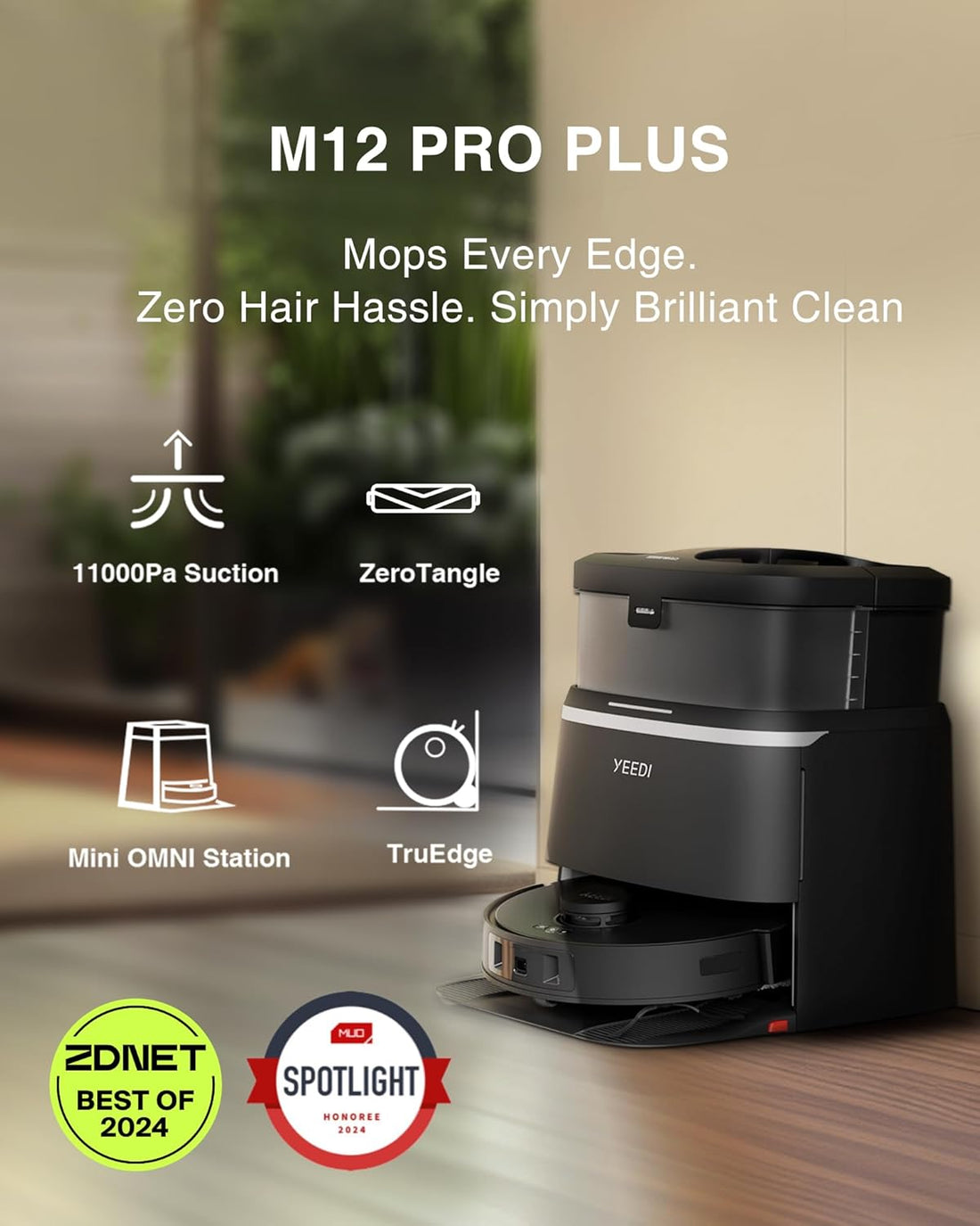 M12 PRO+ Robot Vacuum and Mop, 11000Pa Strong Suction, Zerotangle Technology, Truedge Deep Mopping, Auto Mop Washing/Drying, Auto-Lift Mopping, Mini Omni Station, Black