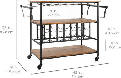 45In Industrial Wood Shelf Bar &amp; Wine Storage Service Cart Trolley W/ 14 Bottle &amp; 18 Glass Racks, Locking Caster Wheels