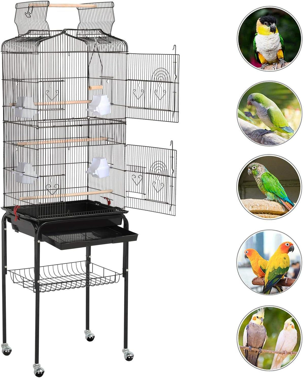 64-Inch Play Open Top Medium Small Bird Cage with Detachable Rolling Stand for Parrot Lovebirds Finches Canaries Parakeets Cockatiels Budgie Parrotlet Conures