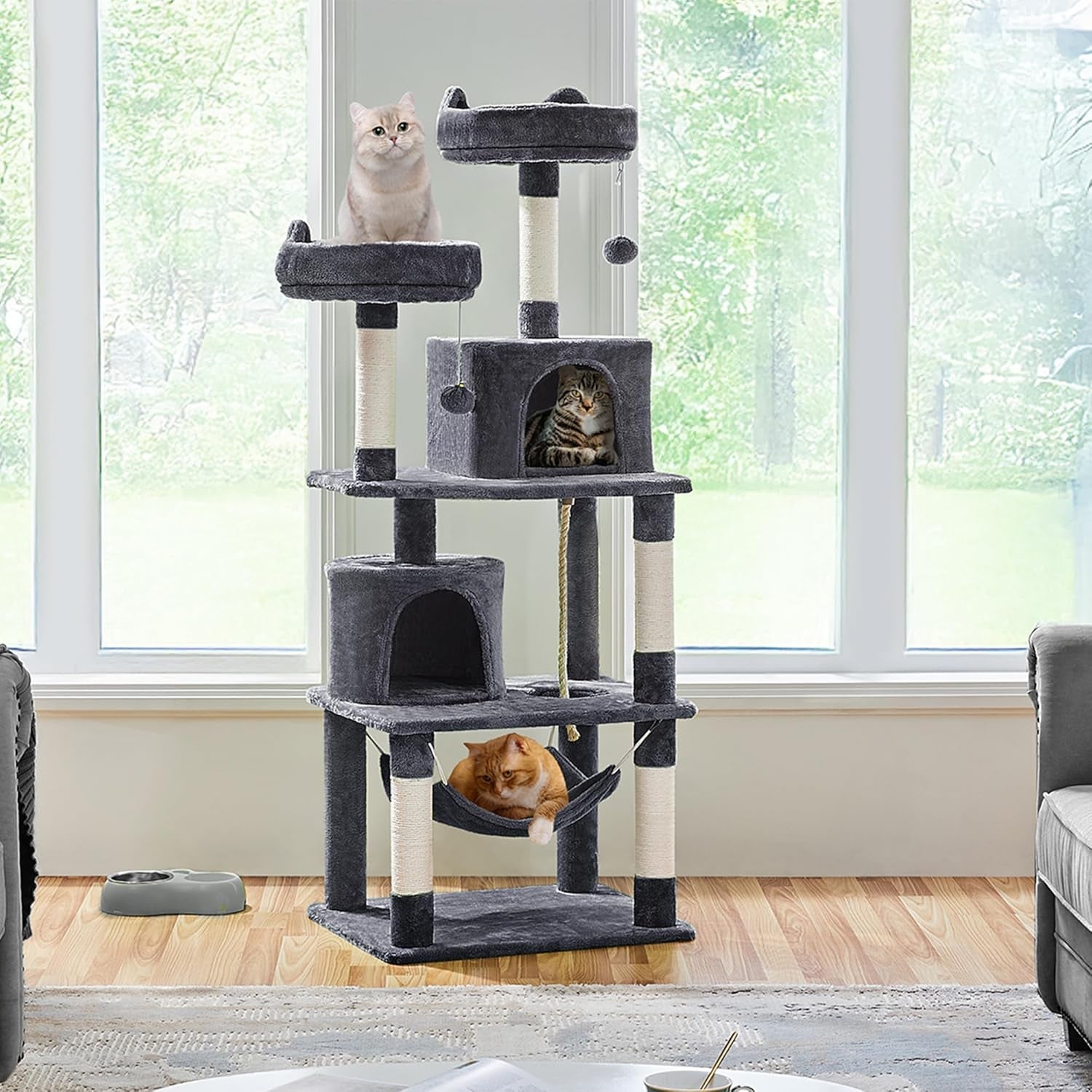 62.2Inches Cat Tree Cat Tower Cat Condo with Platform &amp; Hammock, Scratching Posts for Kittens Pet Play House with Plush Perch for Indoor Activity Relaxing