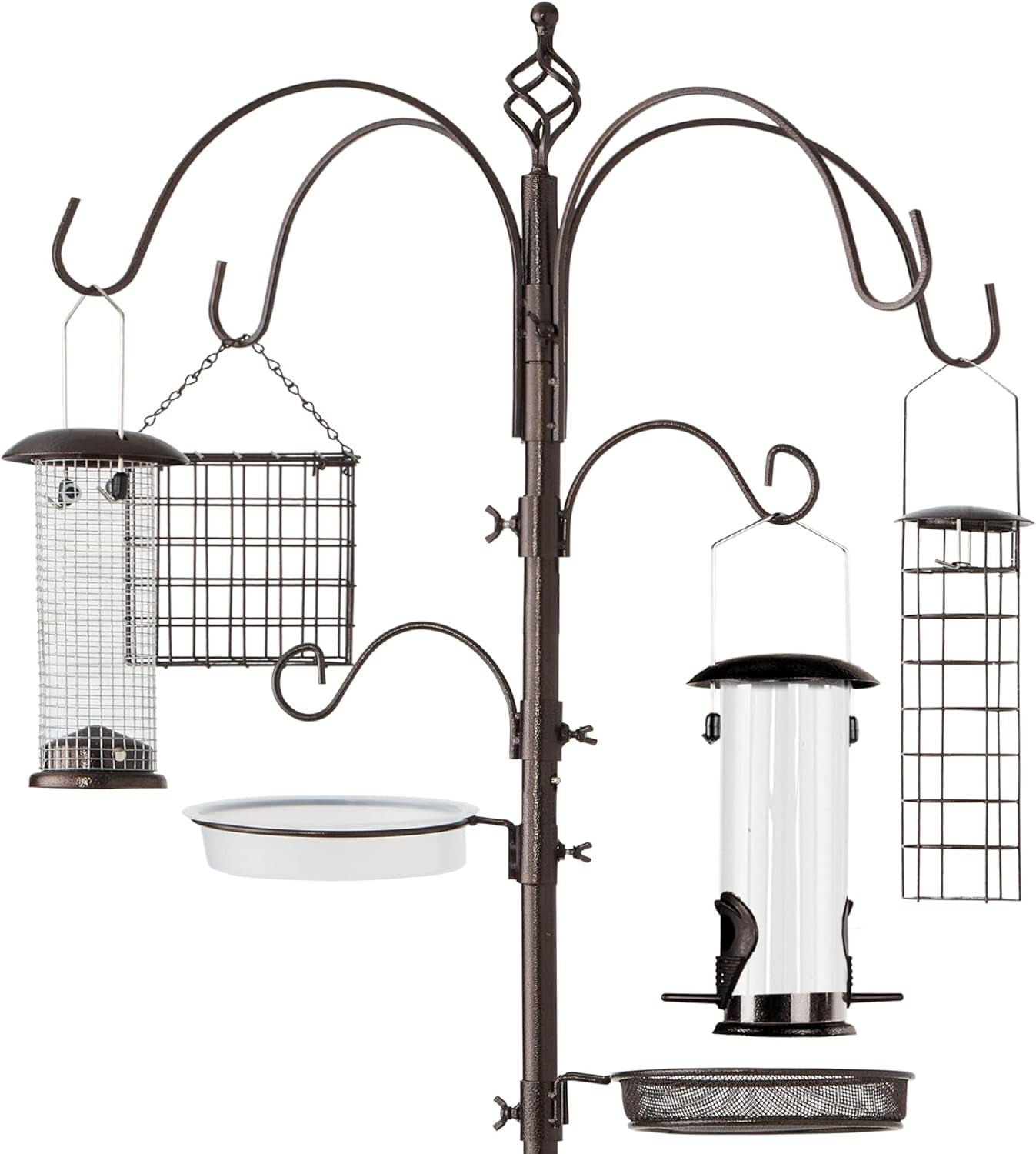 6-Hook Bird Feeding Station, Steel Multi-Feeder Kit Stand for Attracting Wild Birds W/ 4 Bird Feeders, Mesh Tray, Bird Bath, 5-Prong Base - Black