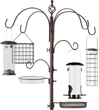 6-Hook Bird Feeding Station, Steel Multi-Feeder Kit Stand for Attracting Wild Birds W/ 4 Bird Feeders, Mesh Tray, Bird Bath, 5-Prong Base - Black