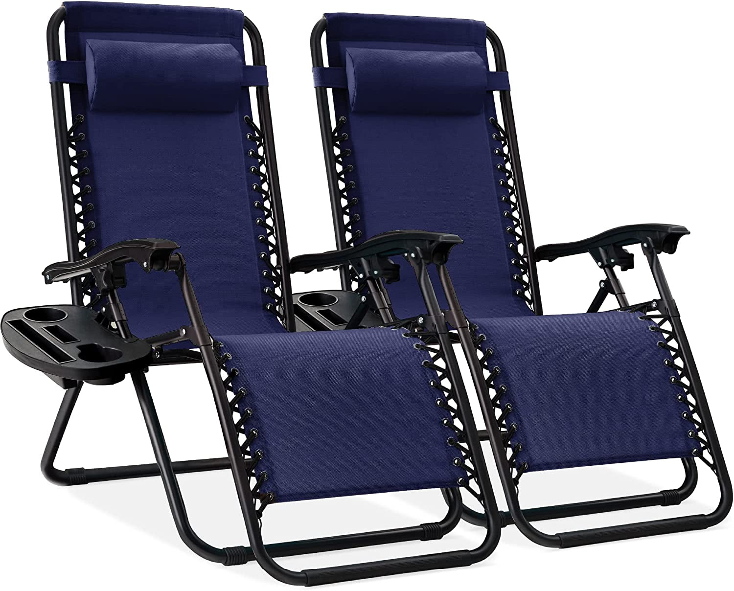 Set of 2 Adjustable Steel Mesh Zero Gravity Lounge Chair Recliners W/Pillows and Cup Holder Trays - Black