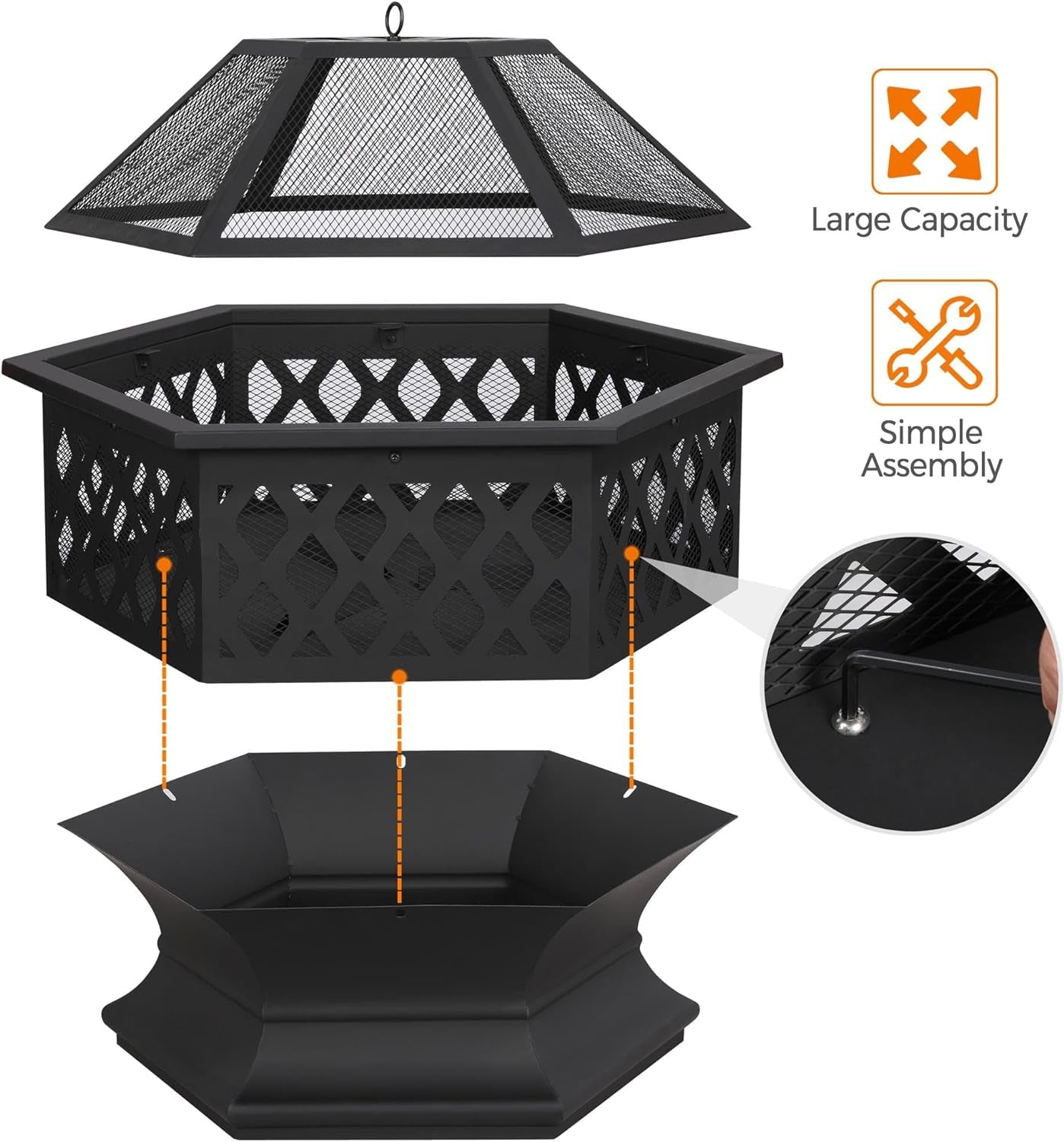 Fire Pit Fire Pits for outside 24In Hex Shaped Firepit Bowl with Spark Screen &amp; Poker for Patio Backyard Garden Picnic Bonfire Camping