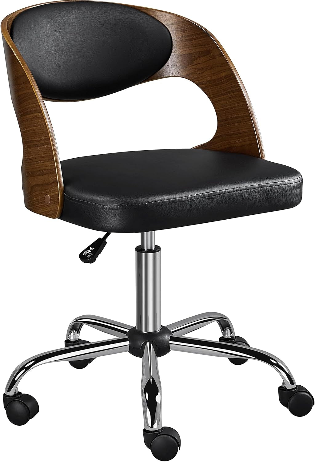 Adjustable Office Chair Armless Desk Chair Walnut Wood Finish Computer Chair Bent Wooden Desk Chair Height Adjustable Swivel Draft Chair with Leather Seat, Black