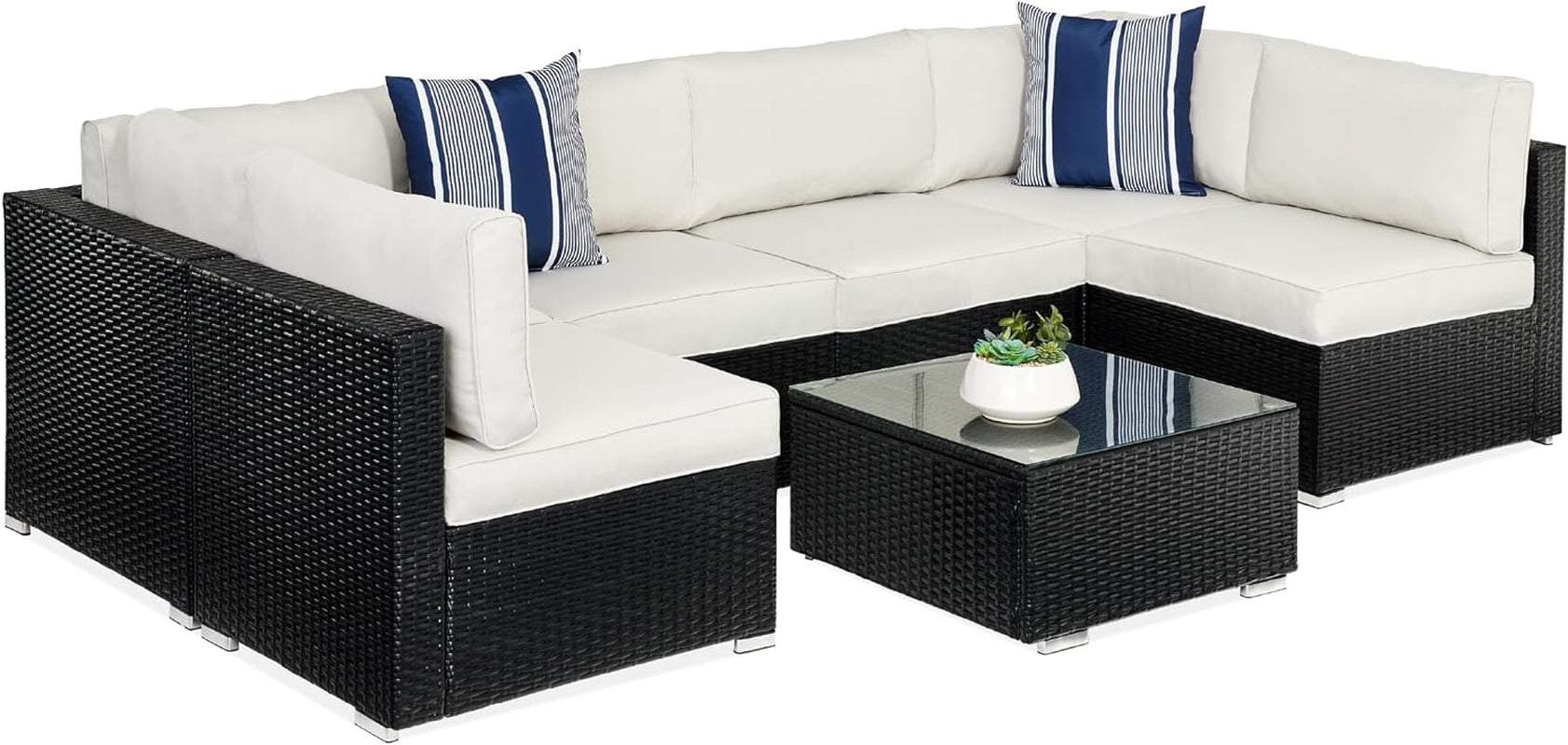 7-Piece Modular Outdoor Sectional Wicker Patio Conversation Set W/ 2 Pillows, Coffee Table, Cover Included - Gray/Navy