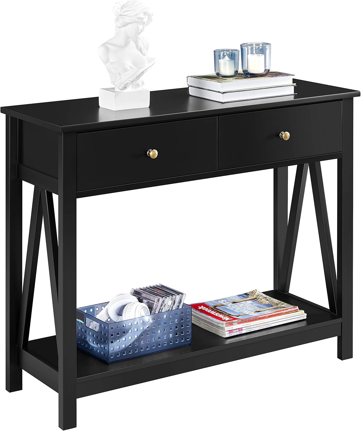 Console Table with Drawer, Wood Entryway Table with Storage Shelves, Sofa Table Narrow Long for Living Room Entryway Hallway, Easy Assembly, Black