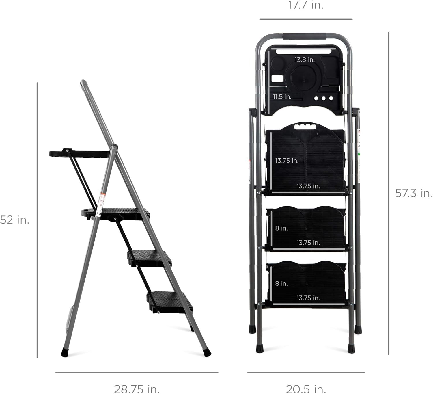 3-Step Ladder, Portable Folding Anti-Slip Step Stool W/Utility Tray, Hand Grip, Rubber Feet Caps, 330Lb Capacity