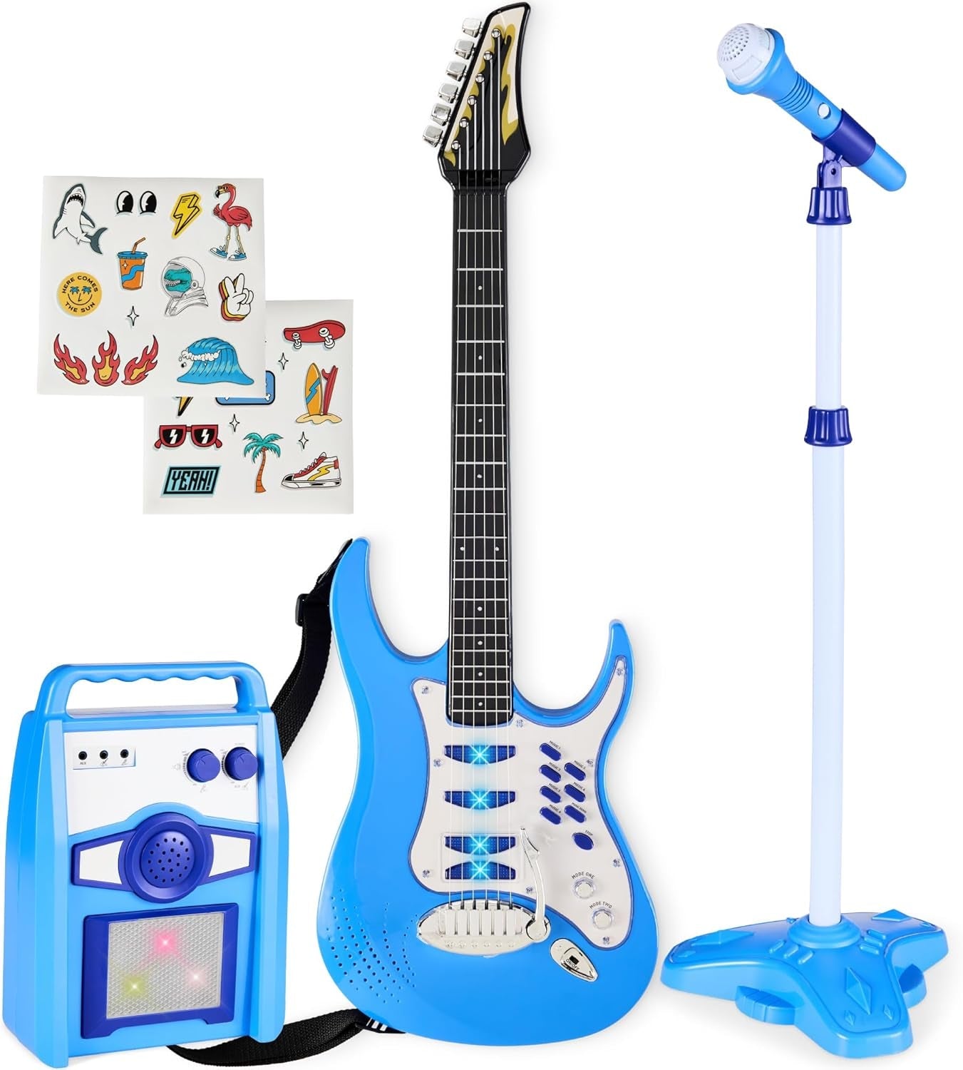 Kids Electric Musical Guitar Play Set, Toy Guitar Starter Kit Bundle W/ 6 Demo Songs, Whammy Bar, Microphone, Amp, AUX, 2 Sticker Sheets - Pink